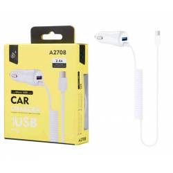CARGADOR DE MECHERO DE COCHE A USB TOC MICROUSB + USB ONE+ BLANCO