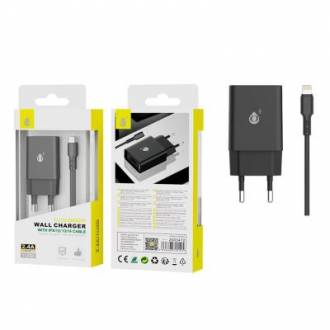 CARGADOR DE RED USB + CABLE TYPE-C A LIGHTNING IPHONE 8-14 / 12W / NEGRO / NA0347 / ONE+