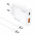 CARGADOR DE RED USB + TYPE-C + CABLE TYPE-C M/M / 25W PD / 18W QC / GAN / BLANCO