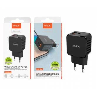 CARGADOR USB + TYPE C 25W NEGRO