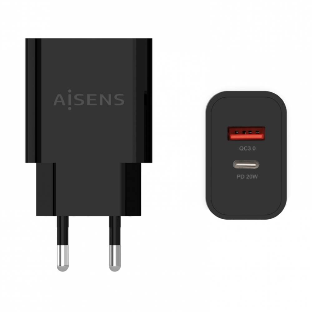 CARGADOR AISENS 20W 1XUSB-C PD3.0 1XUSB-A QC3.0 NEGRO