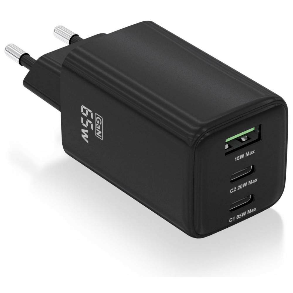 CARGADOR AISENS GAN 65W PD3.0 1*USB-C 20W + 1*USB-C 65W + 1*USB-A NEGRO