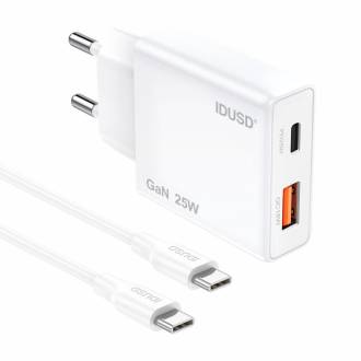 CARGADOR DE RED USB + TYPE-C + CABLE TYPE-C M/M / 25W PD / 18W QC / GAN / BLANCO