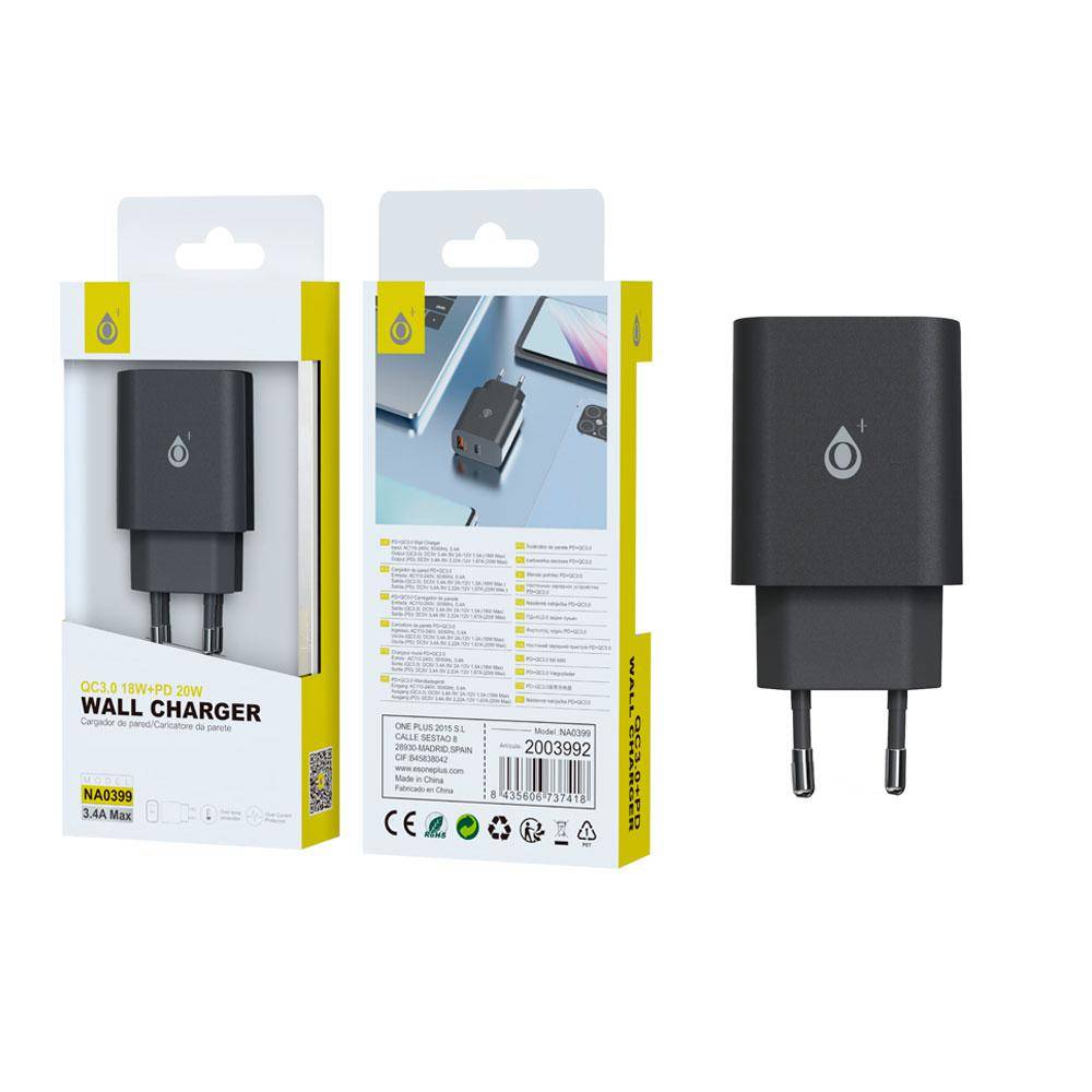 ADAPTADOR CARGADOR BERTA QC USB + TYPE-C 20W NEGRO NA0399