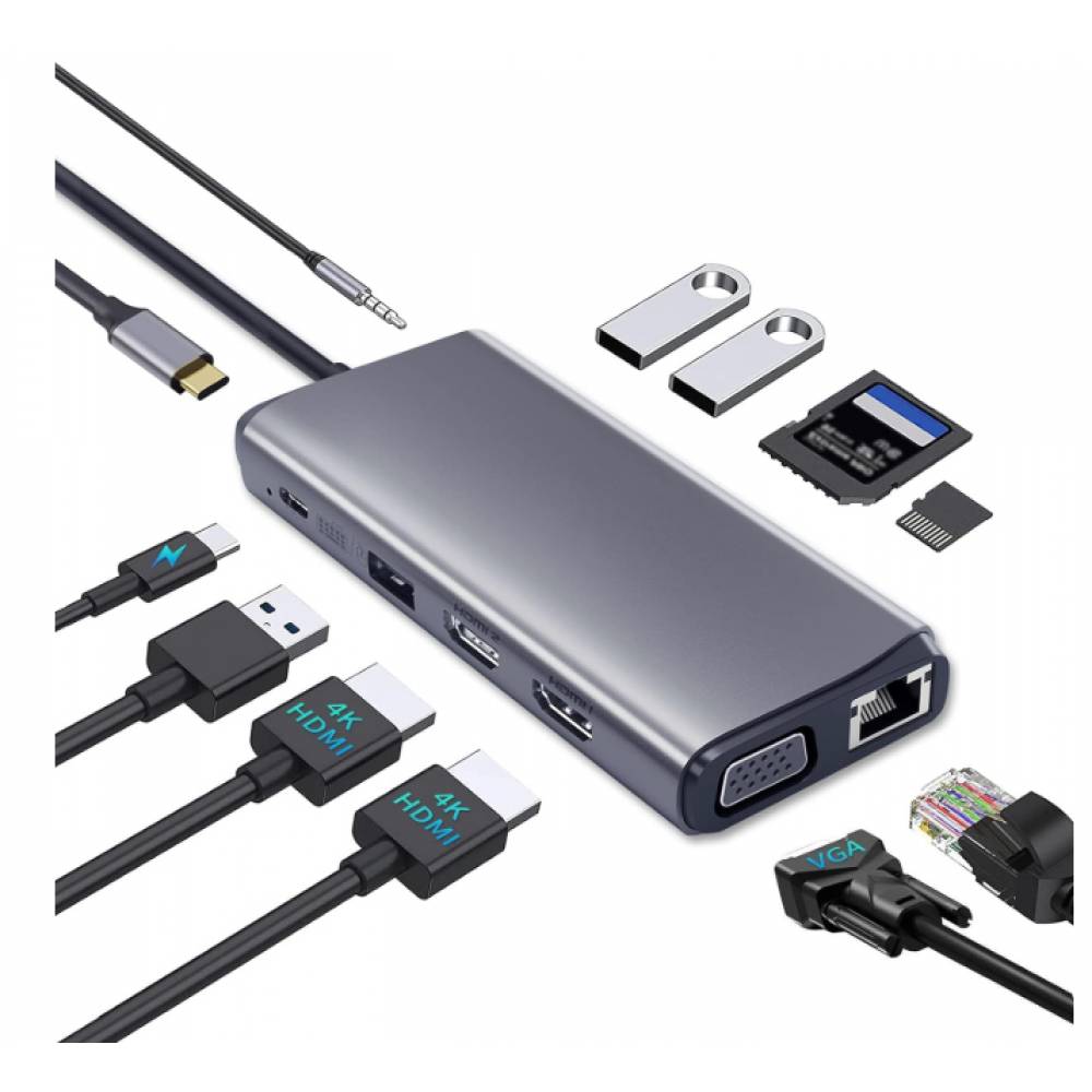 HUB USB TYPE C A VGA + HDMI + USB 3.0 + RJ45 + LECTOR TARJETAS