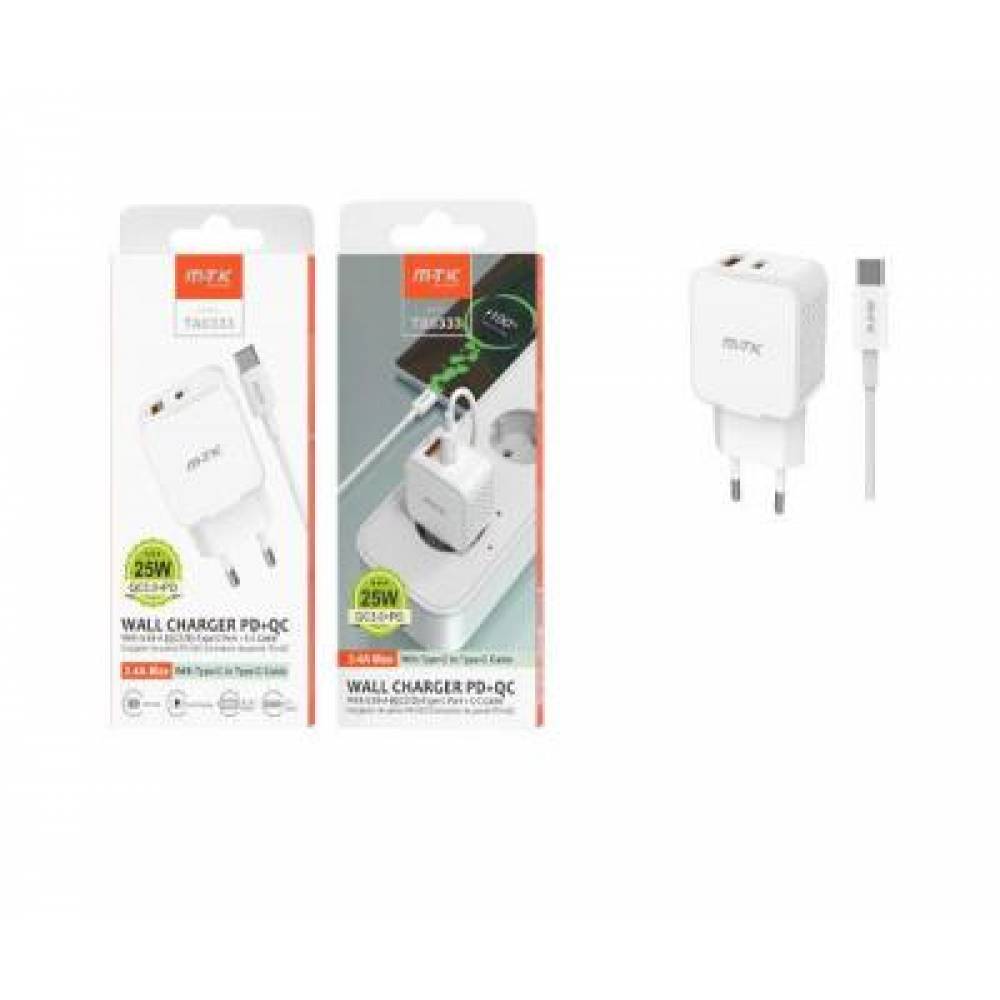 CARGADOR DE RED USB + TYPE-C + CABLE TYPE-C / 25W / BLANCO / TA0333 / ONE+