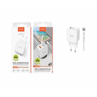 CARGADOR DE RED USB + TYPE-C + CABLE TYPE-C A LIGHTNING IPHONE 8-14 / 25W / BLANCO / TA0334 / ONE+