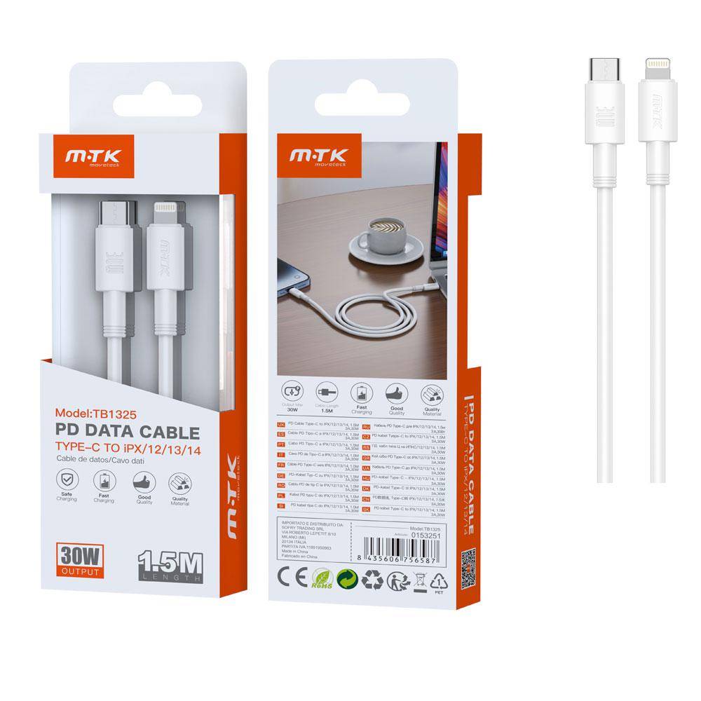 CABLE DATOS TYPE-C A LIGHTNING IPHONE / 1.5 M / 30W / 3A / TB1325 / CARGA RAPIDA PD / BLANCO